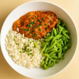 Kipfilet in tandoori met rijst en snijbonen met roomkaas extra