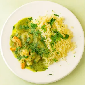 Groene curry met gamba's en bloemkoolrijst met citroen en komijn extra