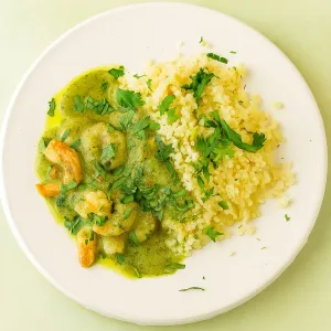 Groene curry met gamba en bloemkoolrijst met citroen en komijn