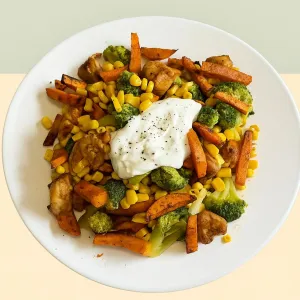 Tray bake, kippendijen met zoete aardappel