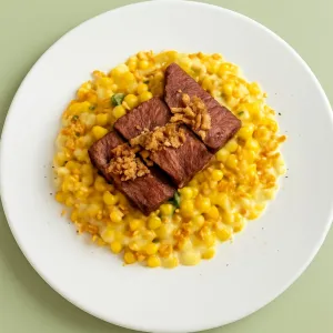 Slowcooked brisket met mais, kruidenpuree en botersaus extra