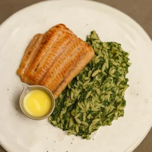 Meervalfilet met spinazie en orzo extra