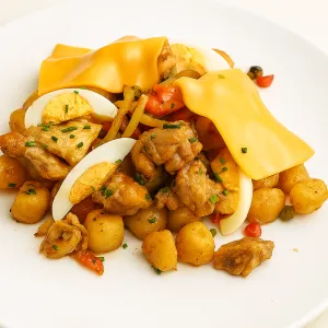 Cheesy roerbakkrieltjes met kip-vadouvan