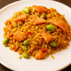 Gerookte zalm met soja en rijst