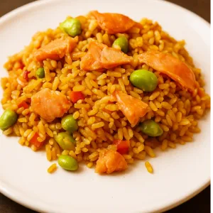 Gerookte zalm met bloemkoolrijst en soja