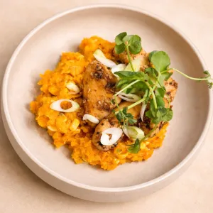 Sous-vide kipfilet in misomarinade met stamppot van zoete aardappel