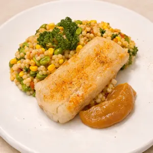 Sous-vide kabeljauwhaas met parelcouscous en miso-citroensaus