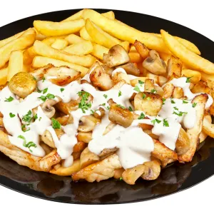 Frites kip champignonroomsaus