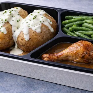 Gepofte aardappel met boontjes, kippenbout & zelfgemaakte knoflooksaus