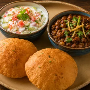 Bedmi poori, amritsari chole en Indiase yoghurt