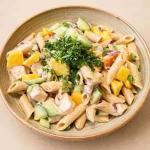Pasta salade met gerookte kip en mango